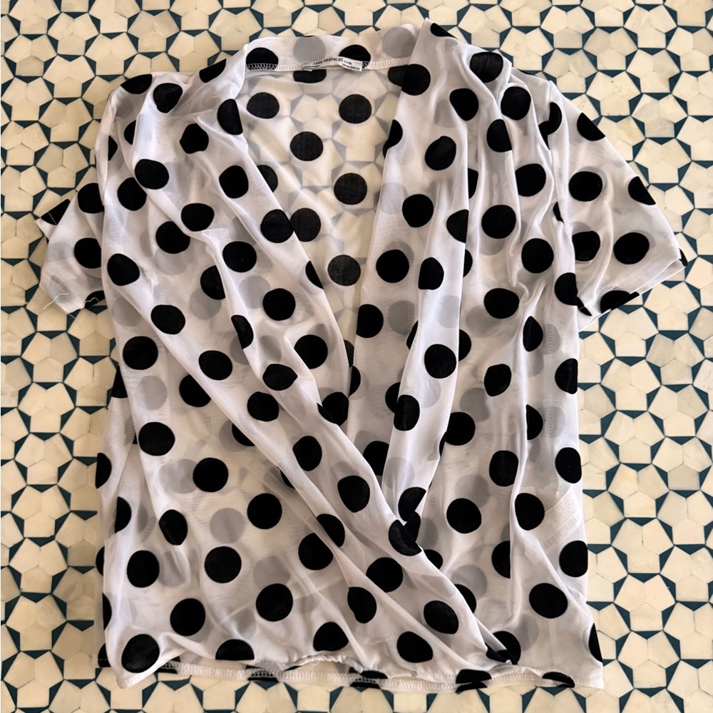 Zara black white sheer Polka Dot Wrap Top